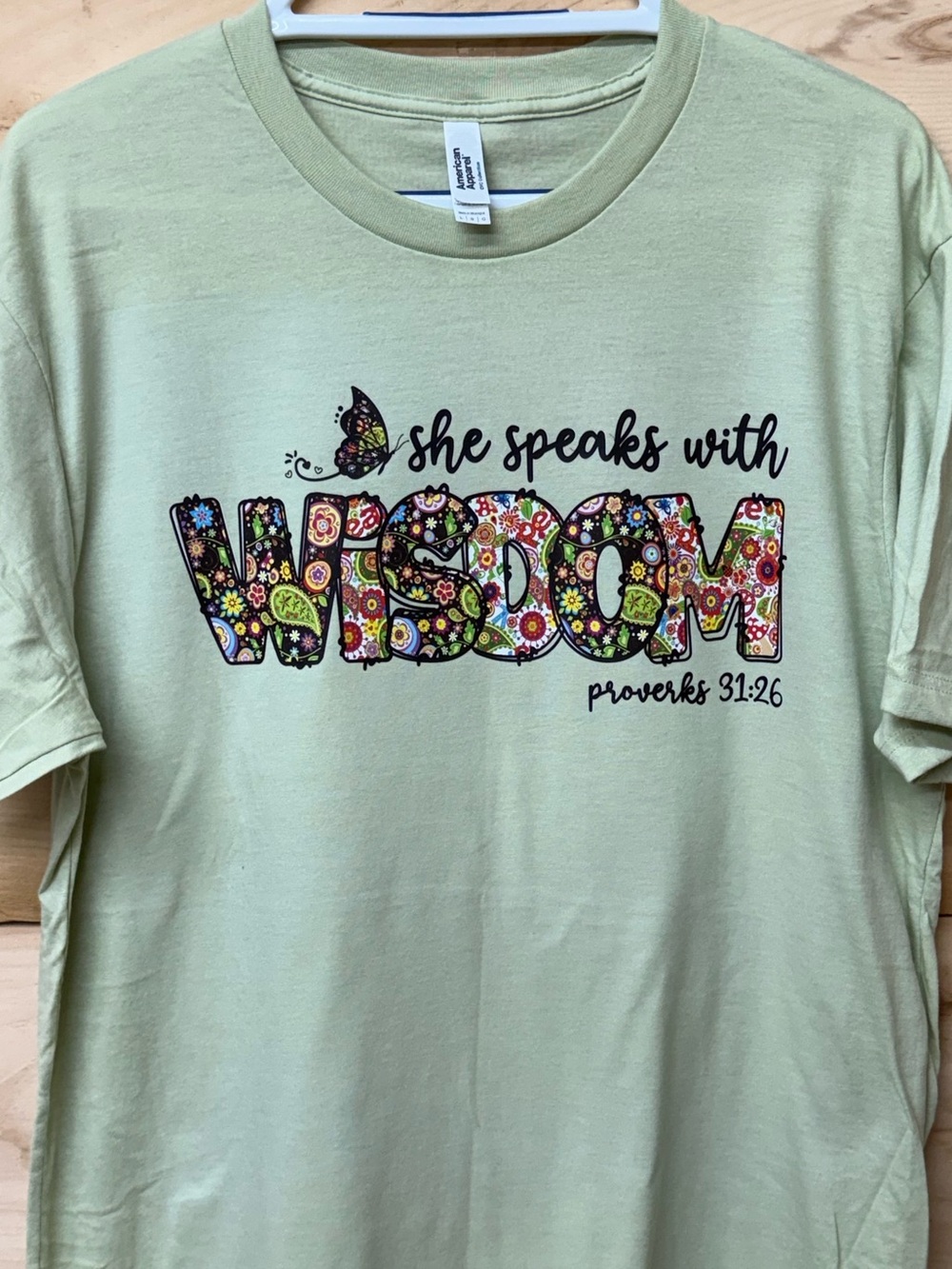 American Apparel Light Green 'She Speaks With Wisdom' Graphic Tee